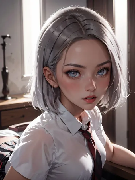 a woman in a skirt and tie holding  and a white shirt and black skirt, stanley artgerm lau, , photorealism, silver hair, bangs,  light grey eyes, red lips, eyeshadow, red eyeliner, 
masterpiece, best quality, intricate details,  <lora:backlight_slider_v10:-1> <lora:contrast_slider_v10:1>  <lora:krystal highres:0.5>