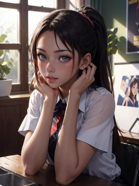 anime girl with long hair sitting at a table with her chin resting on her hand