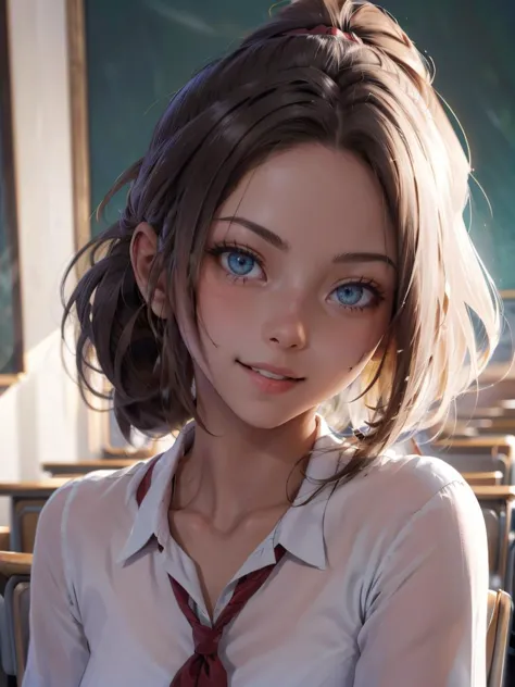 anime girl with blue eyes and a tie sitting in a classroom