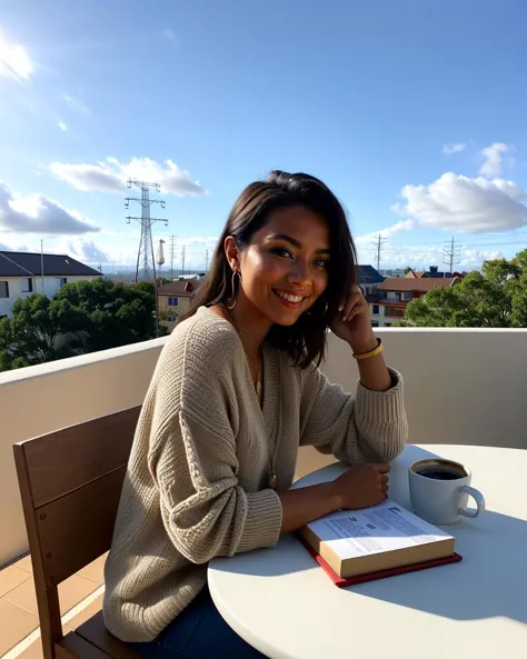 a woman wearing oversized sweater,  sitting at a table with a book and a cup of coffee and a bowl of cereal in front of her on a...