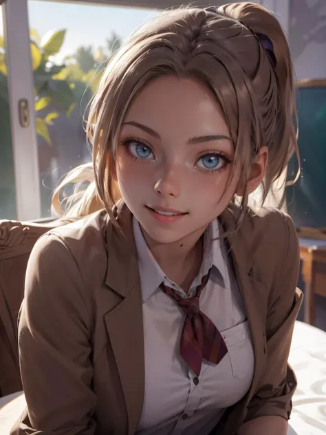 anime girl with blue eyes and a brown jacket and tie