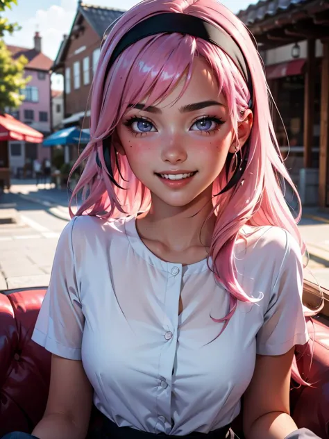 mad1sonbeer, a girl laughing,  pink hair with long hair wearing a pink headband and a white shirt with a black and white stripe,...