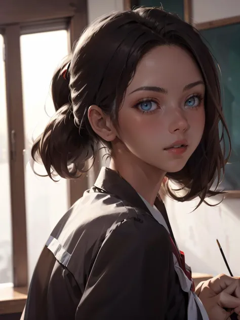 a woman in a school uniform posing for a picture,  ponytail, looking back, 
masterpiece, best quality, intricate details,  <lora:backlight_slider_v10:-1> <lora:contrast_slider_v10:1>  <lora:krystal highres:0.75>