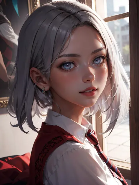 a woman in a skirt and tie holding  and a white shirt and black skirt, stanley artgerm lau, , photorealism, silver hair, bangs,  light grey eyes, red lips, eyeshadow, red eyeliner, light smile, 
masterpiece, best quality, intricate details,  <lora:backlight_slider_v10:-1> <lora:contrast_slider_v10:1>  <lora:krystal highres:0.5>