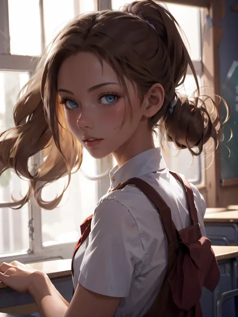 a woman in a school uniform posing for a picture,  ponytail, looking back, 
masterpiece, best quality, intricate details,  <lora:backlight_slider_v10:-1> <lora:contrast_slider_v10:1>  <lora:krystal highres:0.75>