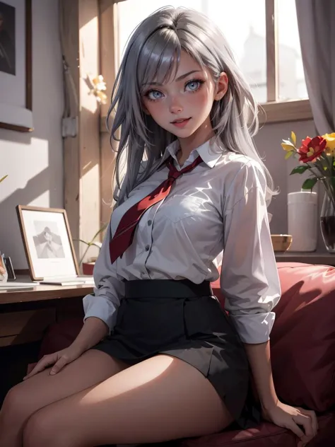 anime girl with grey hair and a tie sitting on a couch