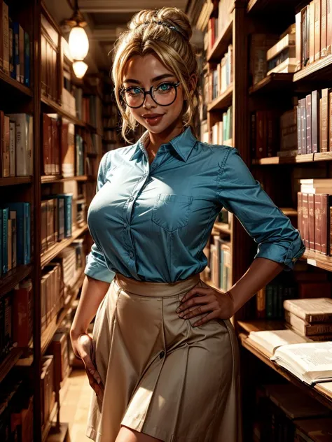 <lora:Raiou_Style:0.5> big lips, thick lips, 1girl, blonde hair, hair bun,  round eyewear, (freckles:0.5), library, librarian, c...