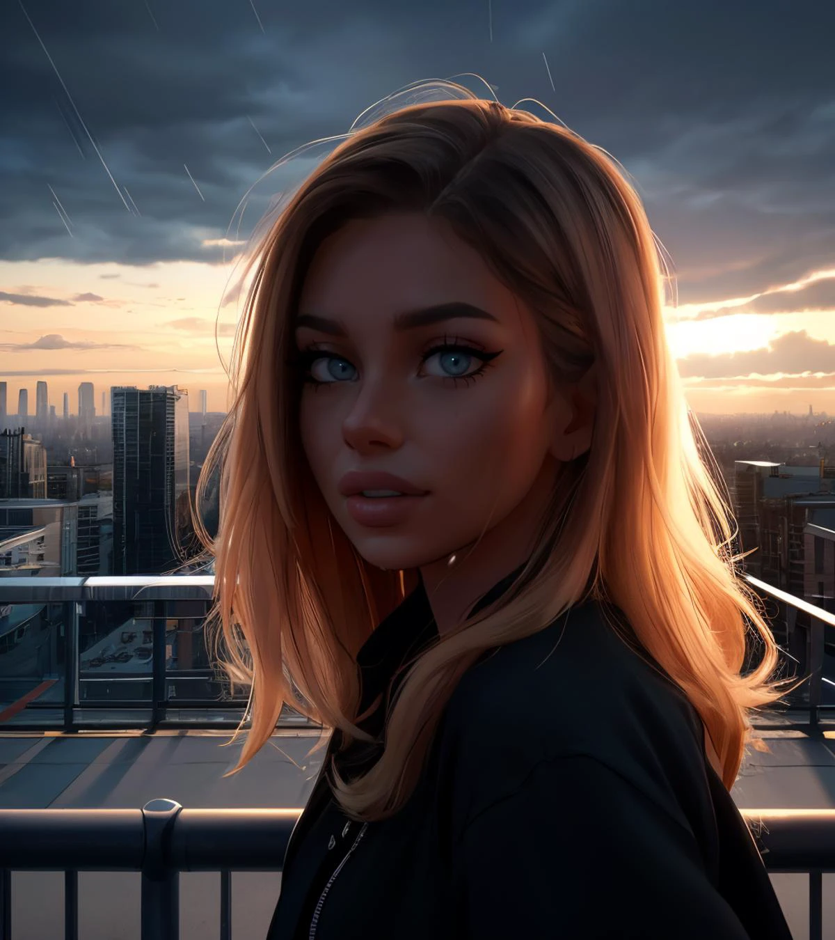 ((Full front shot)),(best quality),((an extremely delicate and beautiful)),  cinematic lighting, (character focus), ((1girl)),  ((upper body)),  blurry, (((close-up))), face, looking at viewer, rain, realistic,  architecture, bridge, building, city, cityscape, dark clouds, outdoors, railing, real world location, road, rooftop, scenery, sky, skyscraper, stairs, street
 