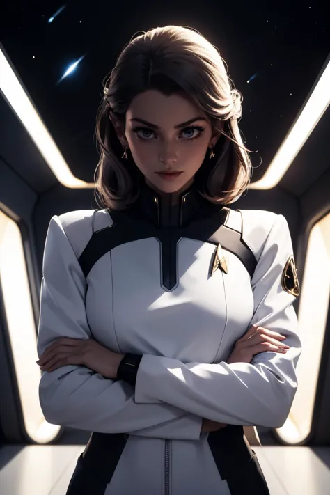 a woman in a white suit standing in a room with lights on the ceiling and a circular light behind her, Star Trek setting, retrofuturism, serious, closed mouth, 
masterpiece, best quality,     <lora:backlight_slider_v10:-1.5>,  <lora:contrast_slider_v10:2>