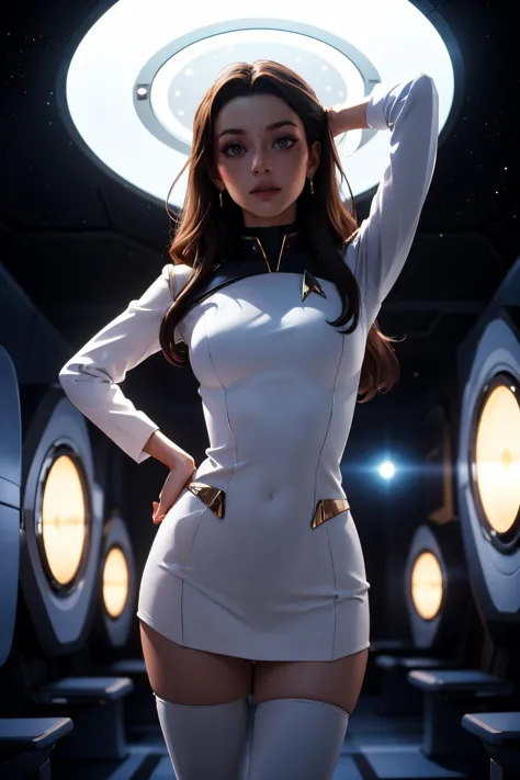 a woman in a white suit standing in a room with lights on the ceiling and a circular light behind her, Star Trek setting, retrof...