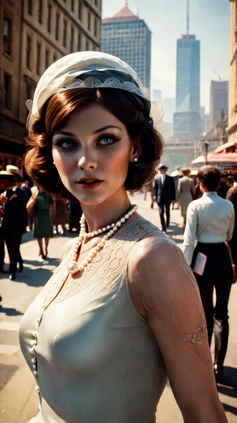 an image of a confident businesswoman in a stylish cloche hat and pearls, navigating the bustling cityscape of the 1920s with determination
masterpiece, best quality, (((realistic))),  <lora:backlight_slider_v10:-2> <lora:filmgrain_slider_v1:3> film grain,...