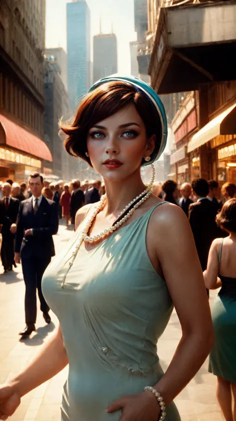 an image of a confident businesswoman in a stylish cloche hat and pearls, navigating the bustling cityscape of the 1920s with determination
masterpiece, best quality, (((realistic))),  <lora:backlight_slider_v10:-2> <lora:filmgrain_slider_v1:3> film grain,...