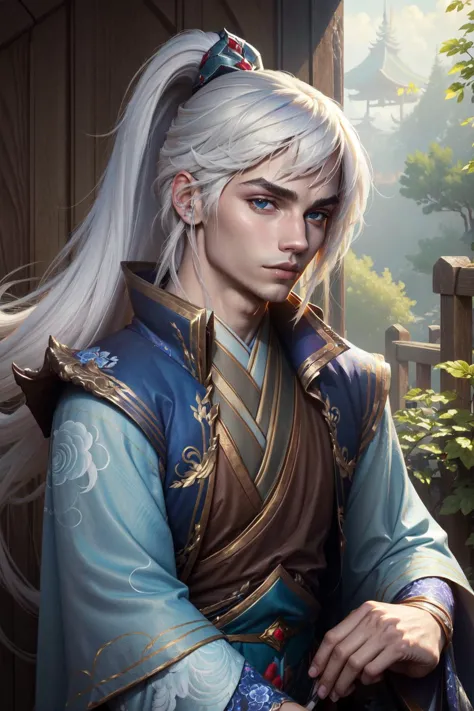 (Masterpiece:1.4), (best quality:1.2), <lora:talon-000017:1>, enduring sword talon, 1boy, male focus, white hair, long hair, japanese clothes, hair ornament, high ponytail