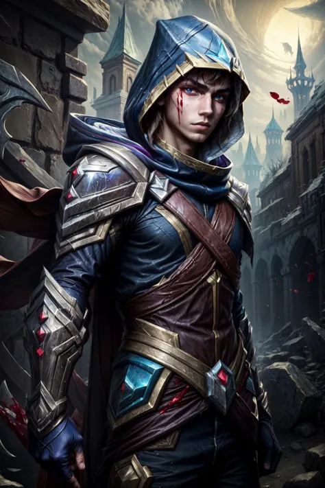 (Masterpiece:1.4), (best quality:1.2), <lora:talon-000017:1>, talon \(league of legends\), 1boy, male focus, armor, hood, gloves, cape, blood, blood on clothes, <lora:add_detail:1>