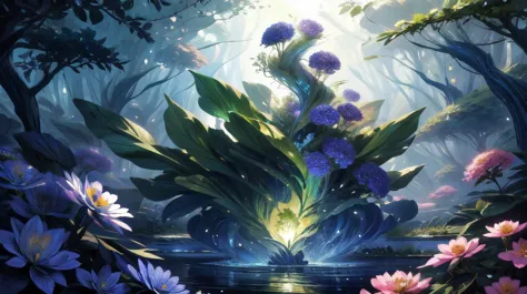 (masterpiece, best quality, fullscreen), [(full body:1.1)::0.3] portrait (photo of a giant vegetal [magical being:flower creatur...