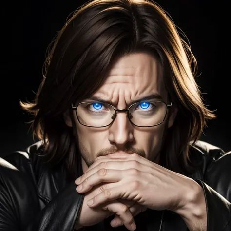 Masterpiece, photorealistic portrait, Matt Mercer in Gendou pose, dark background, closed mouth, (glowing eyes:1.3),  bespectacled, glasses, 4k, uhd, <lora:locon_mattmercer_v1_from_v1_64_32:0.8> sks person <lora:gendou pose:0.8> gendou pose