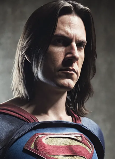 a man in a superman costume with long hair and a cape