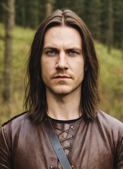 a close up of a man with long hair wearing a brown shirt