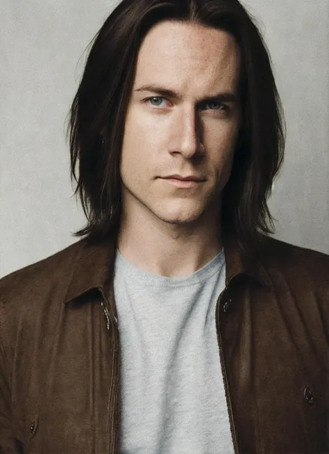 a close up of a man with long hair wearing a brown jacket