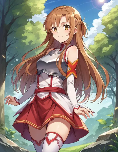 score_9, score_8_up, score_7_up, source_anime, asunayuuki, <lora:asuna-yuuki-ponyxl-lora-nochekaiser:1>, asuna yuuki, long hair, brown hair, brown eyes, braids, smile, skirt, thighhighs, bare shoulders, detached sleeves, armor, white thighhighs, breastplate, red skirt, outdoors, forest, nature, sky, sun, clouds, looking at viewer, cowboy shot, dutch angle, dynamic pose,