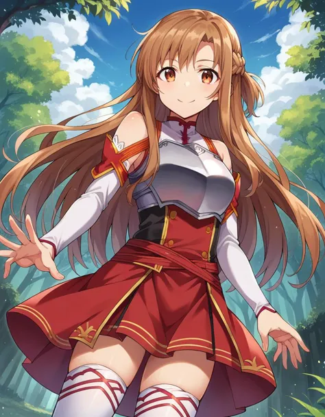 score_9, score_8_up, score_7_up, source_anime, asunayuuki, <lora:asuna-yuuki-ponyxl-lora-nochekaiser:1>, asuna yuuki, long hair, brown hair, brown eyes, braids, smile, skirt, thighhighs, bare shoulders, detached sleeves, armor, white thighhighs, breastplate, red skirt, outdoors, forest, nature, sky, sun, clouds, looking at viewer, cowboy shot, dutch angle, dynamic pose,