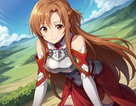 score_9, score_8_up, score_7_up, source_anime,
asunayuuki, <lora:asuna-yuuki-s1-ponyxl-lora-nochekaiser:1>,
asuna yuuki, long hair, brown hair, brown eyes,
skirt, thighhighs, bare shoulders, detached sleeves, armor, white thighhighs, breastplate, red skirt,
outdoors, landscape, bent over, smile,
looking at viewer, cowboy shot, solo, dutch angle,