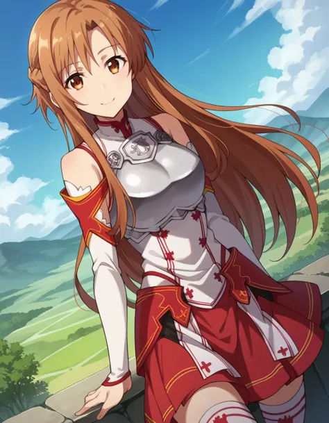 score_9, score_8_up, score_7_up, source_anime,
asunayuuki, <lora:asuna-yuuki-s1-ponyxl-lora-nochekaiser:1>,
asuna yuuki, long hair, brown hair, brown eyes,
skirt, thighhighs, bare shoulders, detached sleeves, armor, white thighhighs, breastplate, red skirt,
outdoors, landscape, smile,
looking at viewer, cowboy shot, solo, dutch angle,