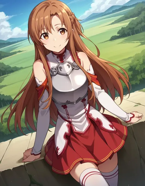 score_9, score_8_up, score_7_up, source_anime,
asunayuuki, <lora:asuna-yuuki-s1-ponyxl-lora-nochekaiser:1>,
asuna yuuki, long hair, brown hair, brown eyes,
skirt, thighhighs, bare shoulders, detached sleeves, armor, white thighhighs, breastplate, red skirt,
outdoors, landscape, smile,
looking at viewer, cowboy shot, solo, dutch angle,