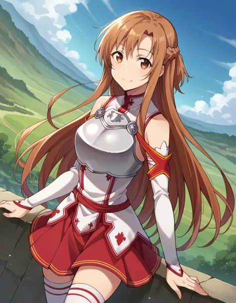 score_9, score_8_up, score_7_up, source_anime,
asunayuuki, <lora:asuna-yuuki-s1-ponyxl-lora-nochekaiser:1>,
asuna yuuki, long hair, brown hair, brown eyes,
skirt, thighhighs, bare shoulders, detached sleeves, armor, white thighhighs, breastplate, red skirt,
outdoors, landscape, smile,
looking at viewer, cowboy shot, solo, dutch angle,