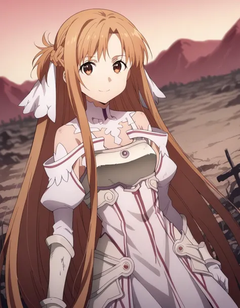 score_9, score_8_up, score_7_up, source_anime,
asunayuuki, <lora:asuna-yuuki-s3-ponyxl-lora-nochekaiser:1>,
asuna yuuki, long hair, bangs, brown hair, brown eyes, very long hair, braid, 
dress, bare shoulders, detached sleeves, white dress, armor, breastplate, white armor,
outdoors, wasteland, smile,
solo, looking at viewer, cowboy shot, dutch angle,