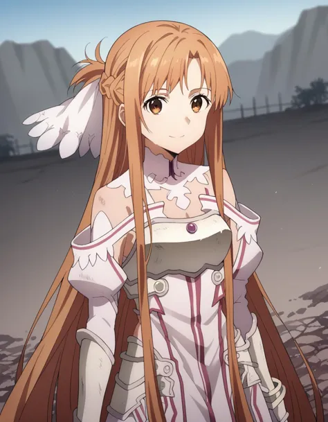 score_9, score_8_up, score_7_up, source_anime,
asunayuuki, <lora:asuna-yuuki-s3-ponyxl-lora-nochekaiser:1>,
asuna yuuki, long hair, bangs, brown hair, brown eyes, very long hair, braid, 
dress, bare shoulders, detached sleeves, white dress, armor, breastplate, white armor,
outdoors, wasteland, smile,
solo, looking at viewer, cowboy shot, dutch angle,