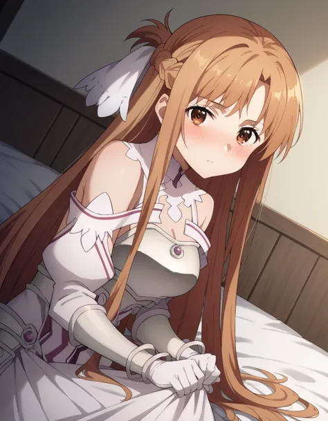 score_9, score_8_up, score_7_up, source_anime,
asunayuuki, <lora:asuna-yuuki-s3-ponyxl-lora-nochekaiser:1>,
asuna yuuki, long hair, bangs, brown hair, brown eyes, very long hair, braid, 
dress, bare shoulders, detached sleeves, white dress, armor, breastplate, white armor,
indoors, bed, bed room, on side, blush, drunk,
solo, looking at viewer, cowboy shot, dutch angle,