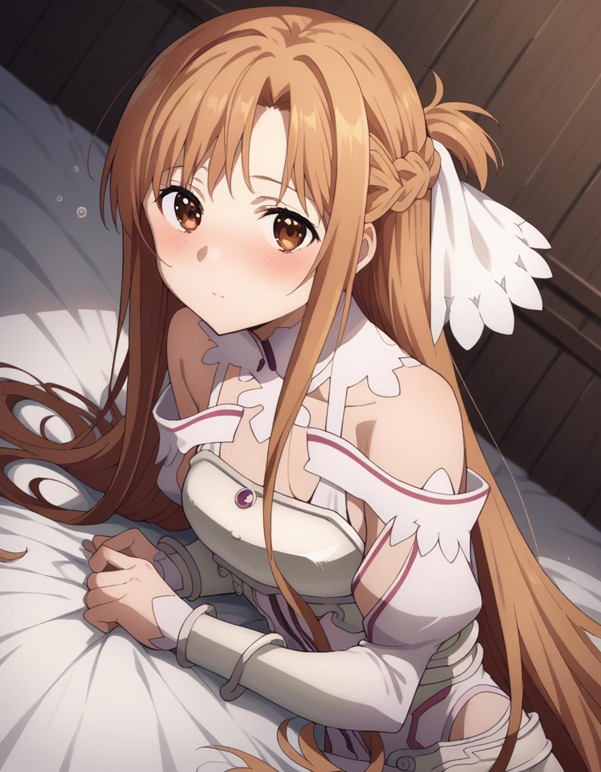 Anime girl in a white dress sitting on a bed with a brick wall - SeaArt AI