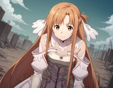 score_9, score_8_up, score_7_up, source_anime,
asunayuuki, <lora:asuna-yuuki-s3-ponyxl-lora-nochekaiser:1>,
asuna yuuki, long hair, bangs, brown hair, brown eyes, very long hair, braid, 
dress, bare shoulders, detached sleeves, white dress, armor, breastplate, white armor,
outdoors, wasteland, bent over, smile,
solo, looking at viewer, cowboy shot, dutch angle,