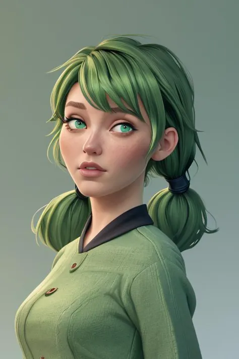 a woman with green hair and a ponytail is looking at the camera