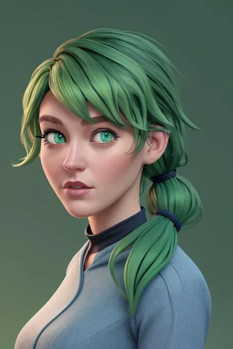 a woman with green hair and a ponytail is looking at the camera