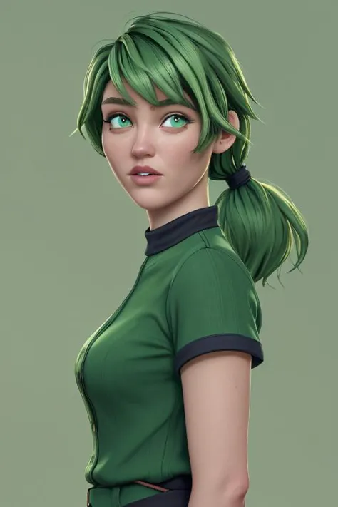 a woman with green hair and a green shirt