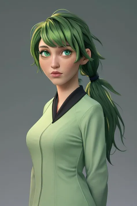 a woman with green hair and a green jacket