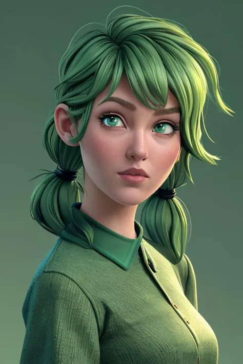 a woman with green hair and green eyes in a green shirt