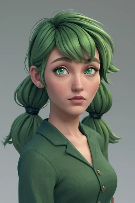 a woman with green hair and a green shirt