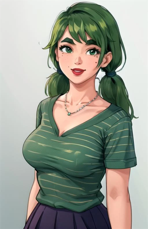 best quality, (masterpiece),(ultra-detailed), (high quality), (high resolution), 1girl, blue shirt, breasts, caroline, collarbone, curvy, gradient background, green background, green hair, lipstick, long hair, looking at viewer, mole on breast, necklace, pants, reference inset, shirt, short sleeves, skirt, sky, smile, solo, striped shirt, thick eyebrows, twintails, upper body,striped shirt