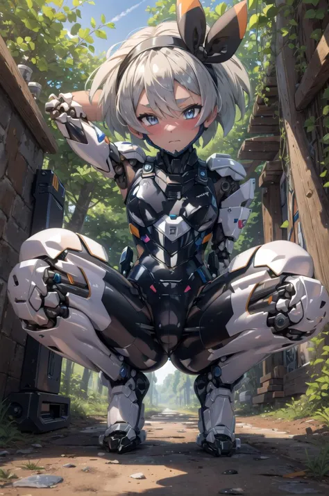 (masterpiece,best quality, detailed), 1girl, solo, outdoors, forest, from below, squatting, closed mouth, blush, nose blush, embarrassed, arms behind head,
bea \(pokemon\), bow hairband, black bodysuit, single glove, knee pads, barefoot, collarbone, mecha musume, fortified suit, robot joints