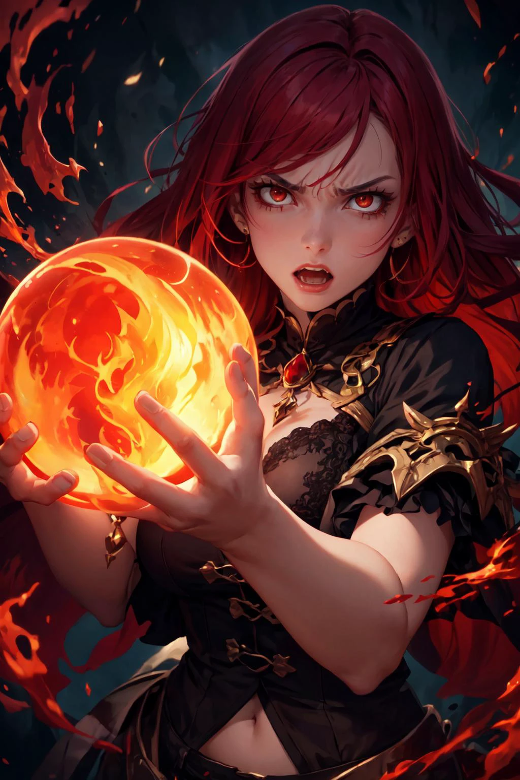 uma garota enfurecida com cabelos ruivos de fogo olha para uma bola de cristal e invoca espíritos demoníacos., (alta resolução, altamente detalhado:1.2), estética, Obra de arte, 