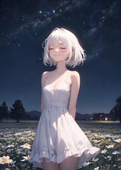 masterpiece, best quality, 1girl, white hair, standing, flower field, arms behind back, night, starry sky, closed eyes, light smile,