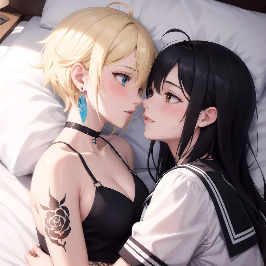 absurdres, best quality, 2girls, eye contact,  from above, on side, on bed, yuri
BREAK
very short hair, blonde hair, earrings, tattoo, choker, pixie cut, tomboy, blush, (panicking:0.25), (embarrased:0.25), (lovestruck:0.1) messy hair, black theme
BREAK
long hair, black hair, serafuku, (lovestruck:0.25), (smile:0.69)
