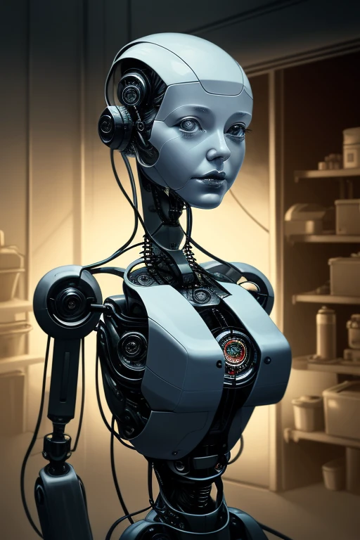 Porträt einer Roboterfrau in einer Garage bei Nacht, Wissenschaft_Fiktion