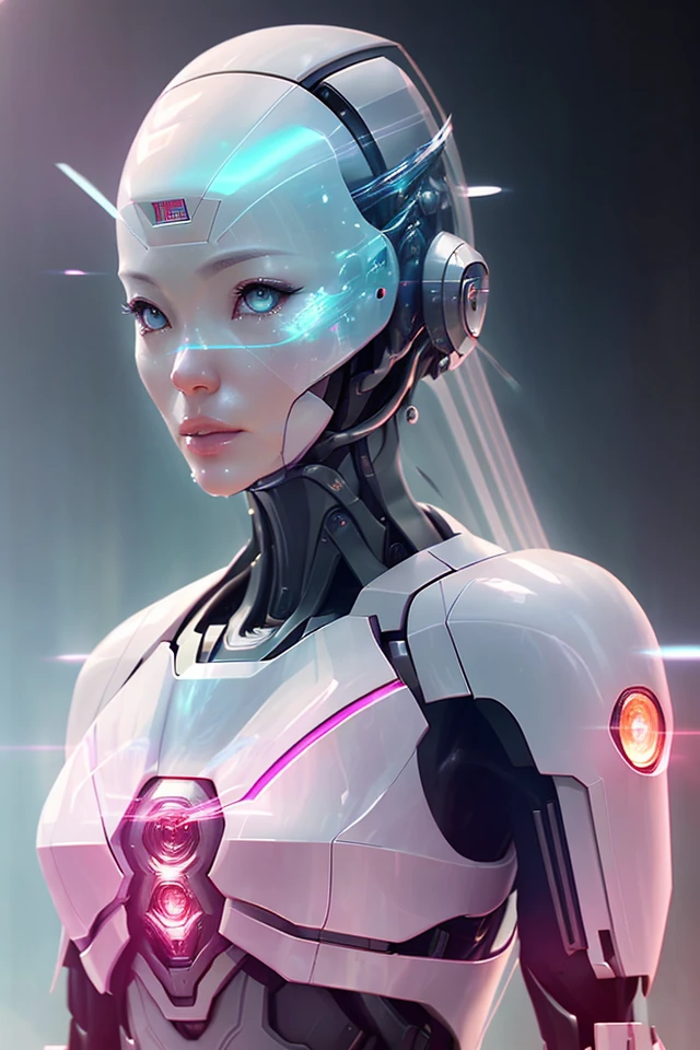 (solteiro, sozinho , foco apenas, Tiro americano de :1.3)  Lucy Liu lindo robô cadete espacial olhando para a câmera na frente de um campo estelar com uma luz azul brilhando em seu peito, corpo perfeito simétrico, Pele branca e clara, detalhes da pele, Cabelo rosa camafeu , profundidade de campo, detalhes extremamente intrincados, body apertado Jasmine, capa metálica,  botas de mochila a jato, olhos rosa claro olhando para a câmera, proporções realistas, pose de combate, feixes de luz fora das mãos, artegerm, Stanley Artgerm Lau, arte ciberpunk, arte de fantasia, ( protetor facial de cristal :1.1) , naves espaciais no fundo