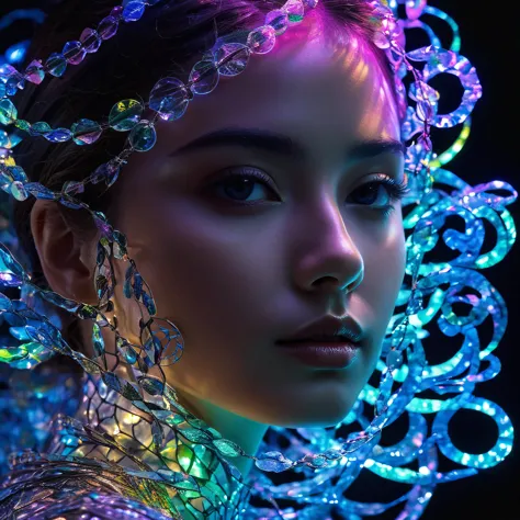 a close up of a woman with a glowing headpiece and a chain around her neck