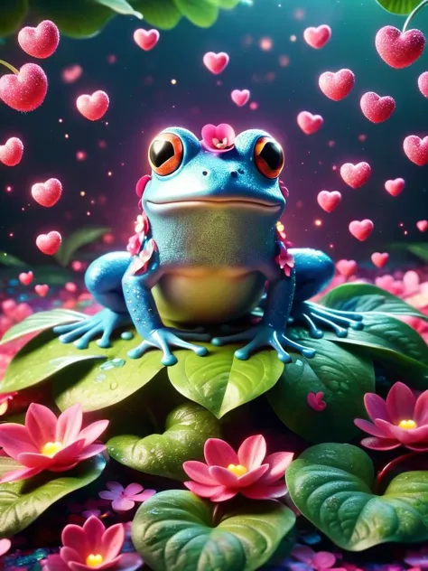 a frog sitting on top of a leaf surrounded by pink flowers