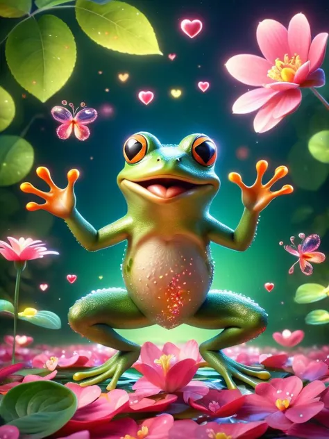 (no human: 1.3), illustrious, Darling, cute frog animal made of ral-vltne, big eyes, dancing on leaves and flower petals, (color...